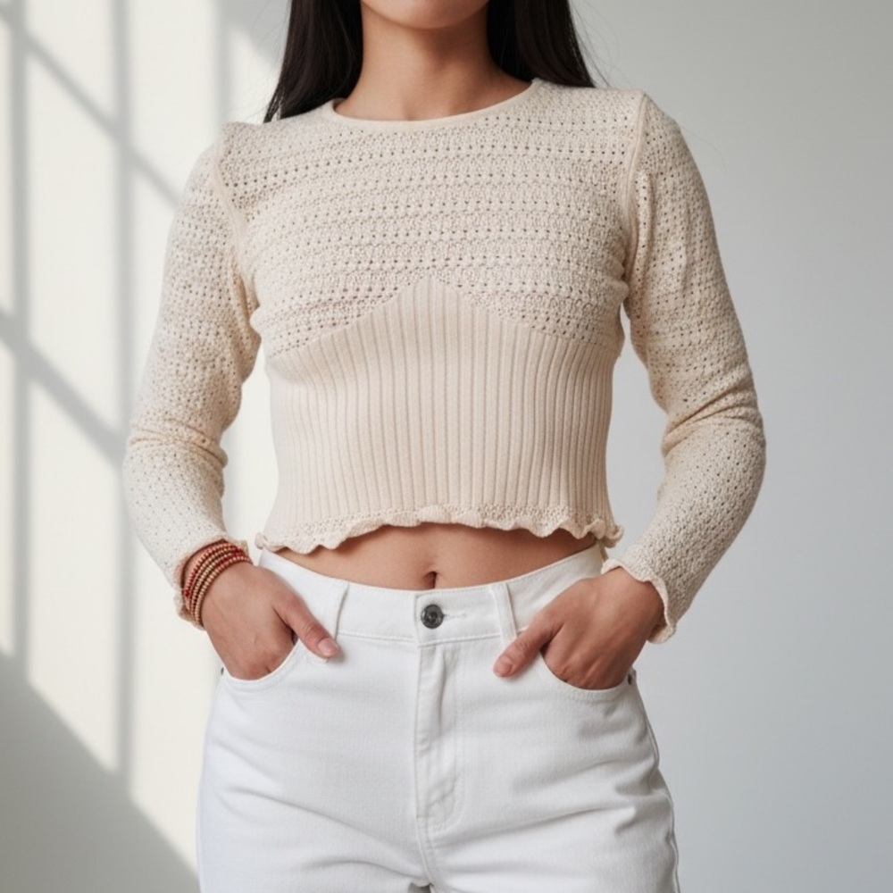 🪿 ZARA Pointelle Knit Cropped Sweater Top
